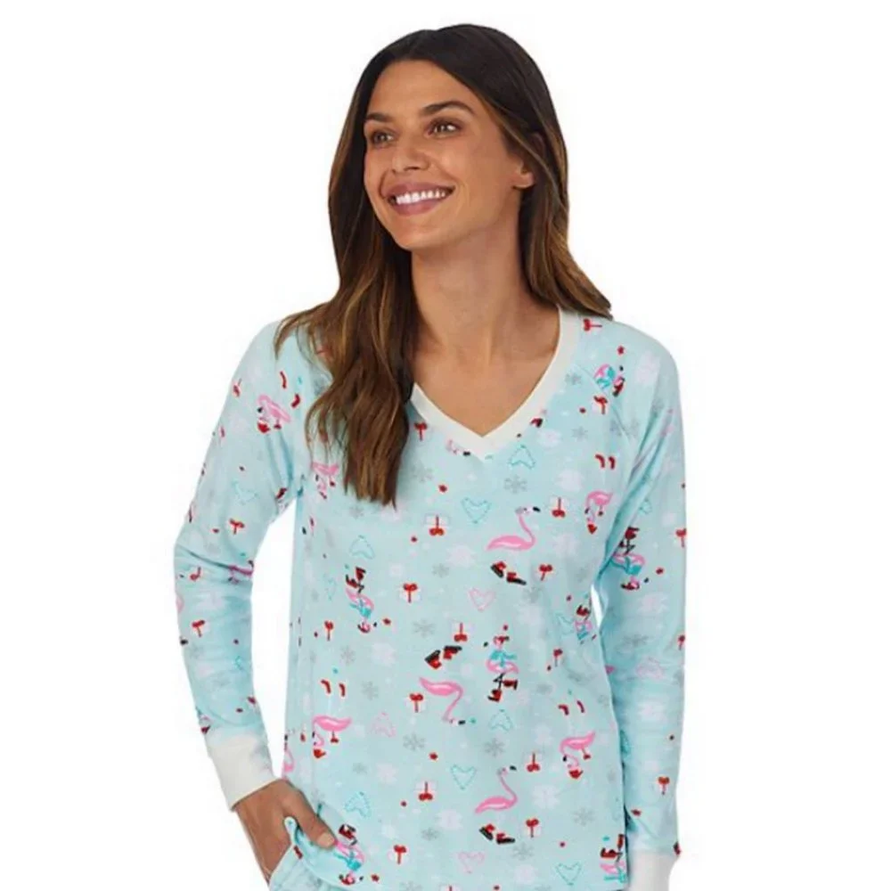 Cuddl Duds Light Blue Holiday Print V-Neck Pajama Set